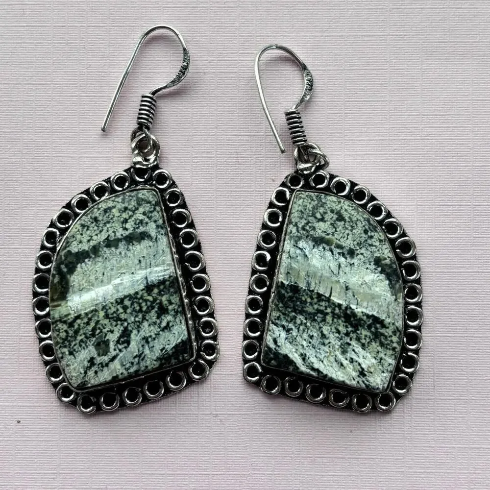 925 Sterling Silver Line Jasper Dangle Earrings